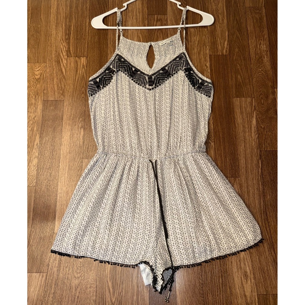 American Eagle Outfitters Boho Geometric Crochet Pom Pom Romper Black White M